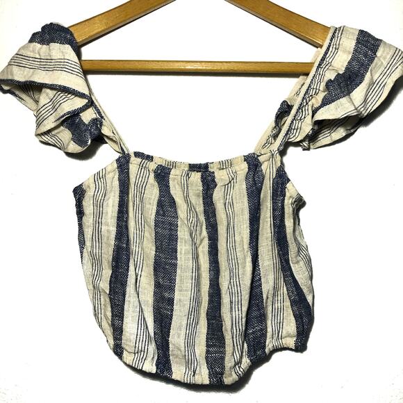 Alice + Olivia blue cream Celestia Flutter sleeve crop top linen stripes Size S - Picture 1 of 5